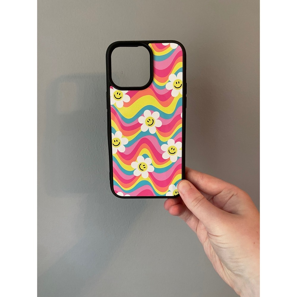 iPhone 15 Pro Max Case Unisex OS Multicolor Groovy Daisy Smiley Wave Retro